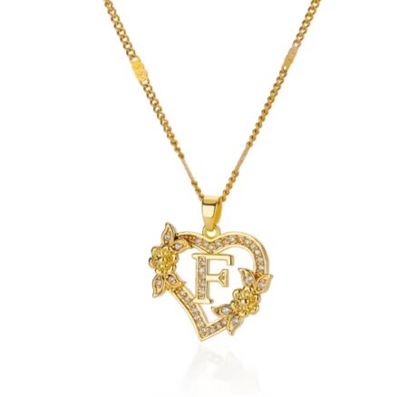 Κολιέ με Μονόγραμμα "F" Επιχρυσωμένο18Κ σε σχήμα καρδιάς με λουλούδι από Ζιργκόν.