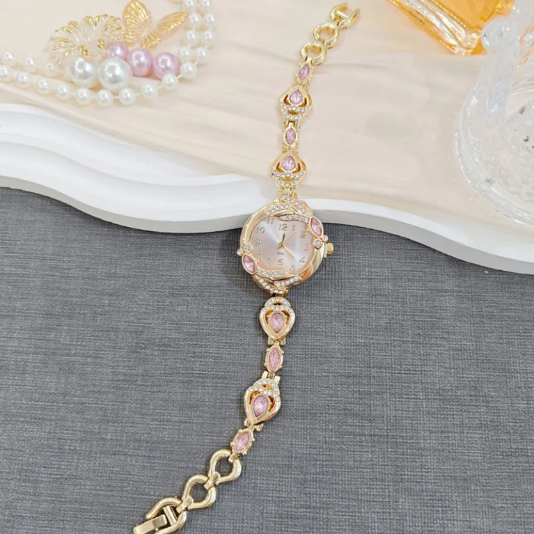 Ρολόι κόσμημα "Gold Pink Glamour" μεταλλικό κράμα με χρυσαφί φινίρισμα