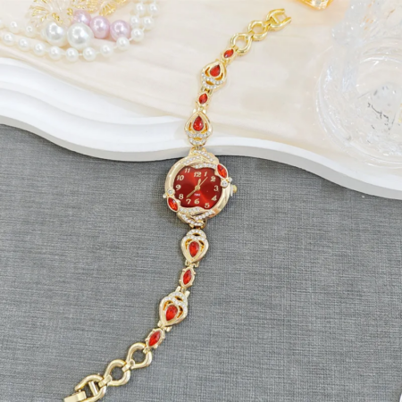 Ρολόι κόσμημα "Gold Red Glamour" μεταλλικό κράμα με χρυσαφί φινίρισμα