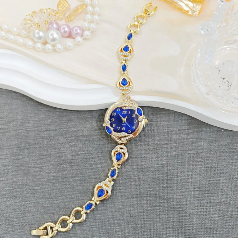 Ρολόι κόσμημα "Gold Blue Glamour" μεταλλικό κράμα με χρυσαφί φινίρισμα