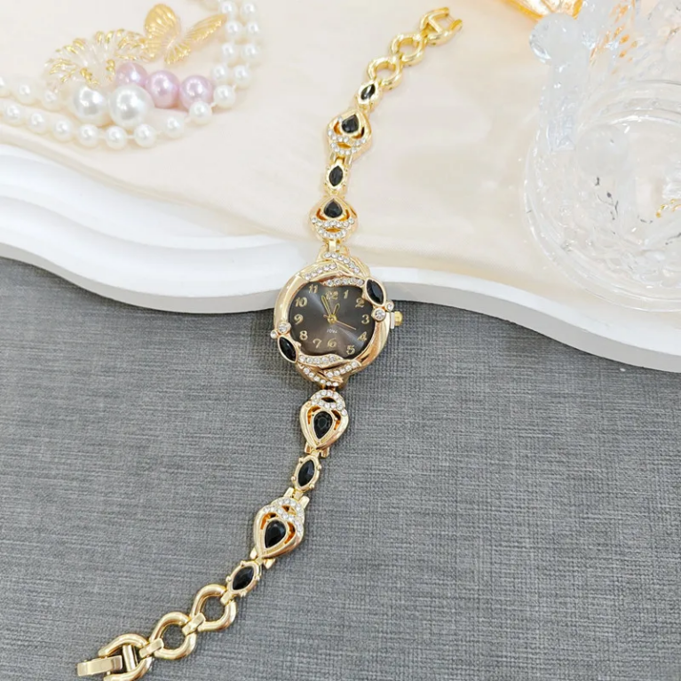 Ρολόι κόσμημα "Gold Black Glamour" μεταλλικό κράμα με χρυσαφί φινίρισμα