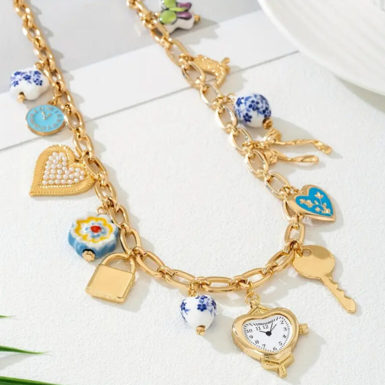 Κολιέ Charm με Καρδιά Ρολόι & Κλειδί Επιχρυσωμένο KC
